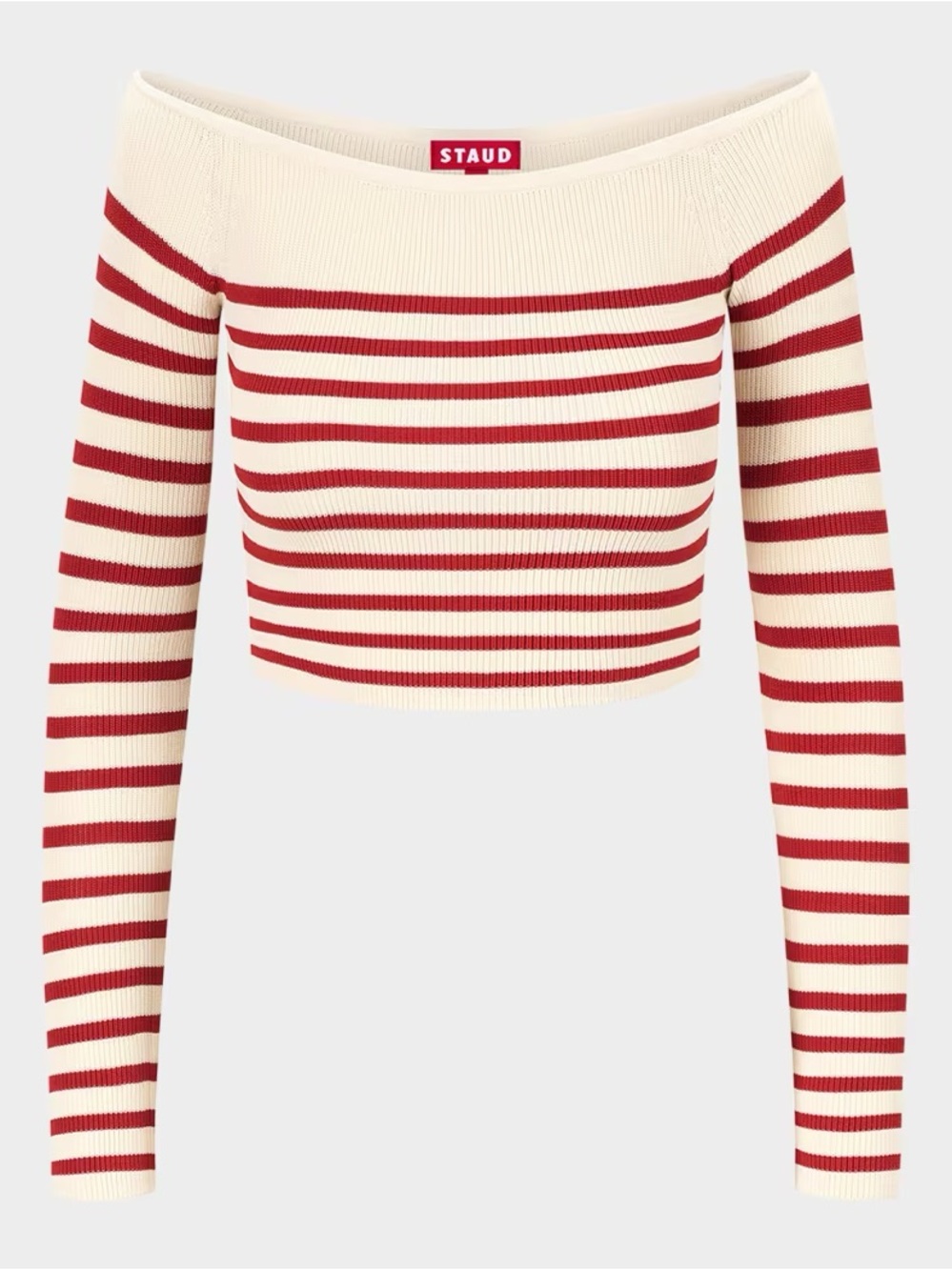 STAUD Red & Cream Striped Off-the-Shoulder Crop Top